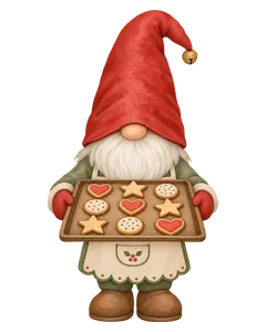 Christmas gnome in a red hat carrying a tray of cookies