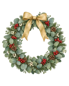 Watercolor eucalyptus Christmas wreath with a gold bow