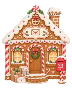 Watercolor gingerbread post office with a red postbox