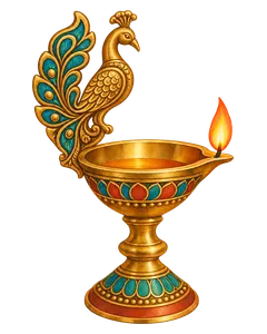 Brass peacock diya lamp with a small flame