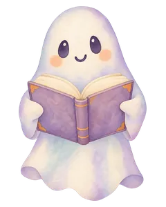 Cute watercolor ghost reading a purple book